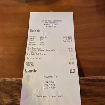 East End Grill - Receipt - American Near Me - Memphis, Tennessee East End Grill - Receipt - American Near Me - Memphis, Tennessee