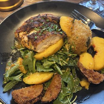 Daniel George - Tanglewood Farms Chicken Breast with eggplant and fresh fried peaches. Doesn't sound like it would work, but it worked. - New American Near Me - Mountain Brook, Alabama Daniel George - Tanglewood Farms Chicken Breast with eggplant and fresh fried peaches. Doesn't sound like it would work, but it worked. - New American Near Me - Mountain Brook, Alabama