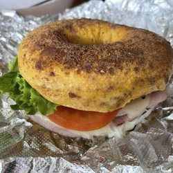 Brewed Awakening - Ham & cheese on French Toast bagel