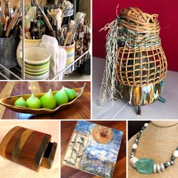 So many types of art - wood, glass, jewelry, fiber art, pottery and so much more. All from local artists. Art supplies, too.