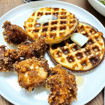 Rise Cafe - CHICKEN & CHAFFLES Ketofied chicken and waffles, butter, light keto syrup drizzle. - Coffee & Tea Near Me - Honolulu, Hawaii