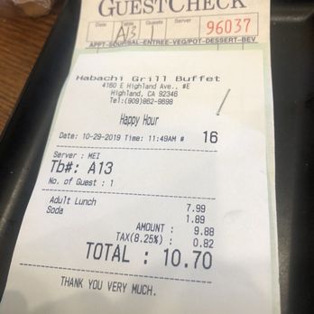 Hibachi Grill Buffet - The bill. The lunch special is actually 10.70 when you take into account tax & the price of the drink. - Buffets Near Me - Highland, California Hibachi Grill Buffet - The bill. The lunch special is actually 10.70 when you take into account tax & the price of the drink. - Buffets Near Me - Highland, California