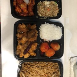 Spring China House - combo 1. General Tao chicken , chicken fried rice vegetables. chilli chicken, chicken balls, white rice. Soft plain noodles.
