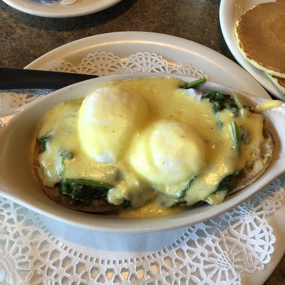 Original Pancake House - Spinach Benedict with pancakes as the side. - Breakfast & Brunch Near Me - Boca Raton, Florida