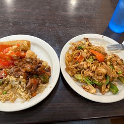 China Buffet - Shrimp & Chicken stir fry, fried rice with irange chicken