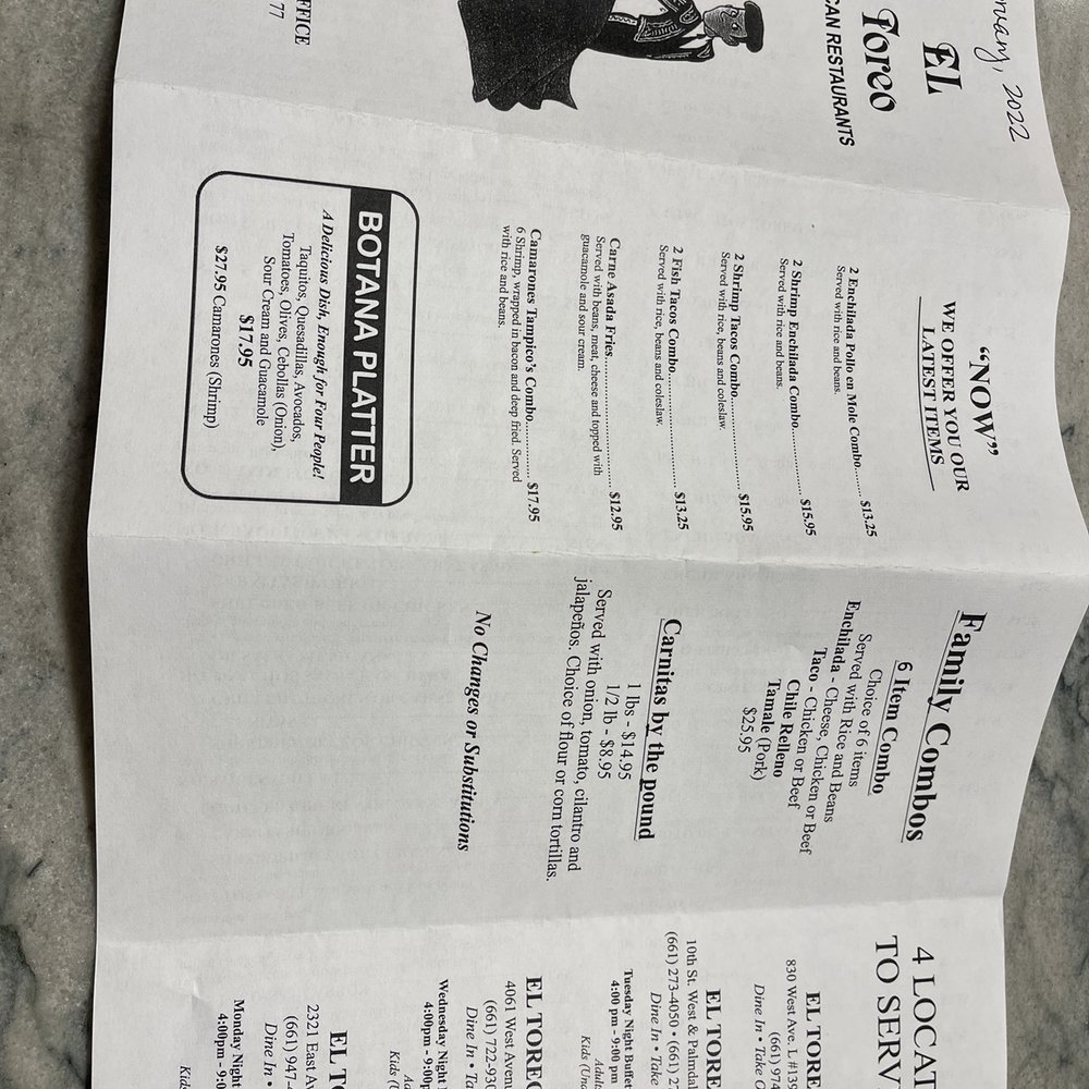 El Toreo Far West - Back of To Go menu as of February, 2022 - Mexican Near Me - Lancaster, California El Toreo Far West - Back of To Go menu as of February, 2022 - Mexican Near Me - Lancaster, California