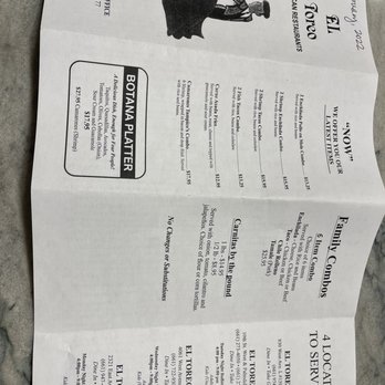 El Toreo Far West - Back of To Go menu as of February, 2022 - Mexican Near Me - Lancaster, California El Toreo Far West - Back of To Go menu as of February, 2022 - Mexican Near Me - Lancaster, California