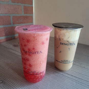 Ding Tea - Strawberry slush with strawberry popping boba and Hokkaido Milk Tea with cheese foam. - Bubble Tea Near Me - San Diego, California