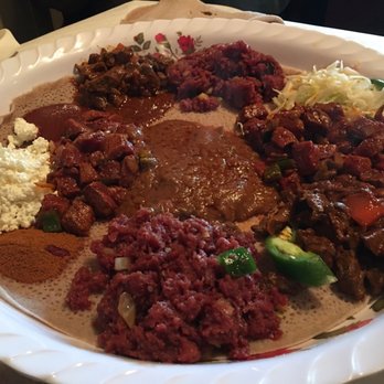Meaza Restaurant - Ethiopian Cheese, Gored Gored (Raw), Special Kitfo (Raw), Ethiopian shredded cabbage salad, Yebeg Tibs and Bozena Shiro - Ethiopian Near Me - Falls Church, Virginia