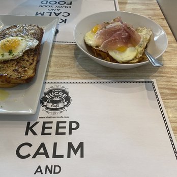 Chef Sucre Cafe - Prosciutto Truffle Huevos Rotos (my favorite)  Croque Madame - French Near Me - Coral Gables, Florida