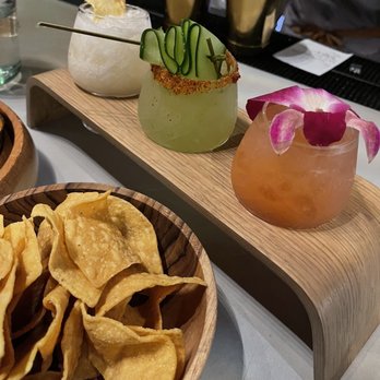 Cantina Monarca - Margarita flight: piña niña (L), spicy pepino, la pasión - Cocktail Bars Near Me - Bellevue, Washington