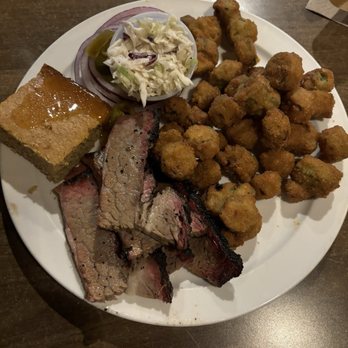 Mo Jeauxs - 1 Meat Platter: Brisket,side of fried okra, coleslaw and cornbread with honey - Sports Bars Near Me - Fort Collins, Colorado Mo Jeauxs - 1 Meat Platter: Brisket,side of fried okra, coleslaw and cornbread with honey - Sports Bars Near Me - Fort Collins, Colorado