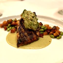 faroe islands salmon with sweet potato-chorizo hash, edamame, poblano crema, tomato, avocado faroe islands salmon with sweet potato-chorizo hash, edamame, poblano crema, tomato, avocado