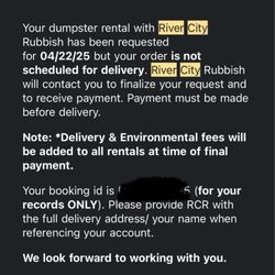 River City Rubbish Llc - Email confirmation requesting service.