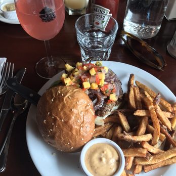 Bread and Ink Cafe - Black bean burger with a blackberry basil lemonade mimosa - Breakfast & Brunch Near Me - Portland, Oregon Bread and Ink Cafe - Black bean burger with a blackberry basil lemonade mimosa - Breakfast & Brunch Near Me - Portland, Oregon