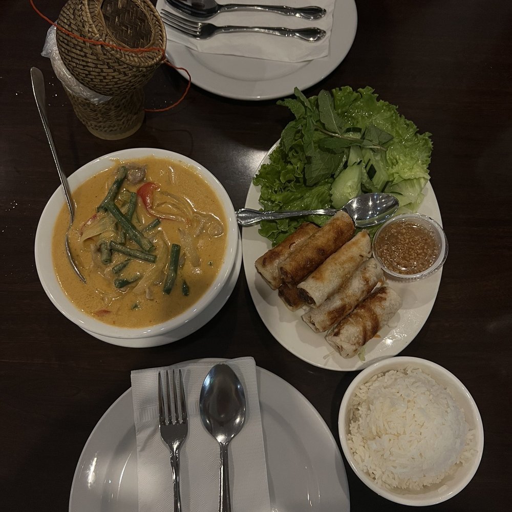 Thai Village - pork panang curry , spring rolls w/ jasmine & sticky rice - Thai Near Me - Mililani, Hawaii Thai Village - pork panang curry , spring rolls w/ jasmine & sticky rice - Thai Near Me - Mililani, Hawaii