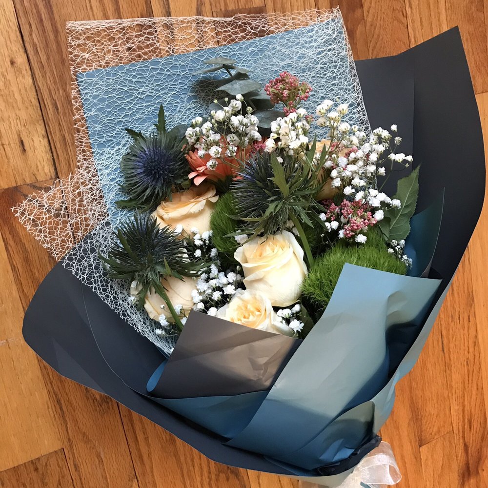 Dahing Plants - Bouquet that I received from DaHing for graduation. So nicely color coordinated and modern with a variety of flowers! Blue thistle and poms! - Florists Near Me - New York, New York
