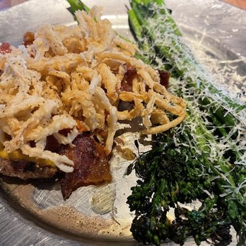 Eureka! - Cowboy* burger - no bun with broccolini - American Near Me - Las Vegas, Nevada Eureka! - Cowboy* burger - no bun with broccolini - American Near Me - Las Vegas, Nevada