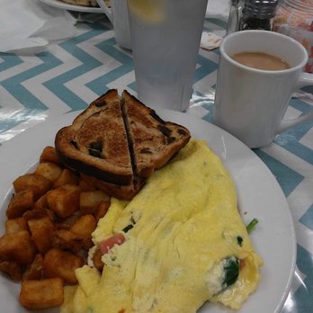 Peach's - Venice - an omelet, toast, potatoes, and a cup of coffee - New American Near Me - Venice, Florida