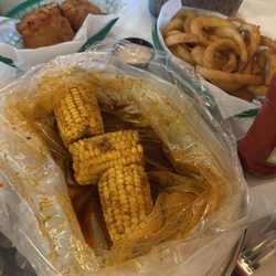 Corn, spicy onion rings, crab cakes
