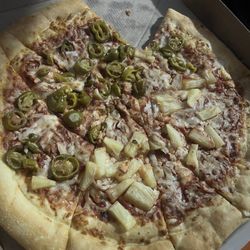 Little Caesars Pizza - Half jalapeño and half pineapple, as you can see cut horrible