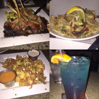 Luke's On Front - Going clockwise: Rack of lamb, Seafood Pasta, Luke's Tea, Calamari. All of these were delicious! - New American Near Me - Temecula, California