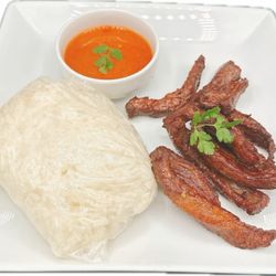 Kop Jai - Beef Strip with sticky rice & tomato sauce