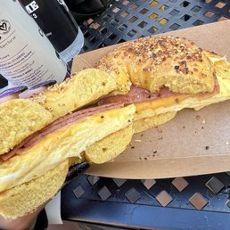 Pork roll egg and cheese on an egg everything bagel
