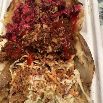 Spotato - Schrute farms - potato with mozzarella and butter, toasted. Then pulled pork, crispy onion, ketchup, coleslaw and beet salad - Cafes Near Me - Toronto, Ontario Spotato - Schrute farms - potato with mozzarella and butter, toasted. Then pulled pork, crispy onion, ketchup, coleslaw and beet salad - Cafes Near Me - Toronto, Ontario