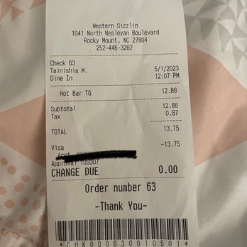 Western Sizzlin - a receipt for a change due - Steakhouses Near Me - Rocky Mount, North Carolina Western Sizzlin - a receipt for a change due - Steakhouses Near Me - Rocky Mount, North Carolina