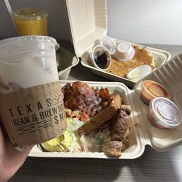 San Marcos Scramble Pecan pancake Juice Latte