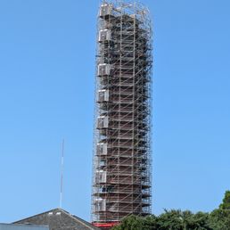 Hatteras Lighthouse in August 2025, scaffolded Hatteras Lighthouse in August 2025, scaffolded