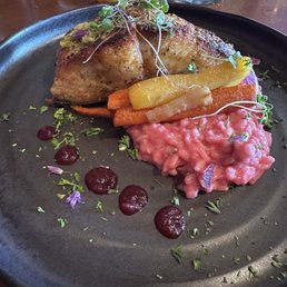 White king salmon with roasted beet risotto and veggies.
