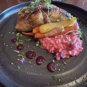 Ludvig's Bistro - White king salmon with roasted beet risotto and veggies. - New American Near Me - Sitka, Alaska Ludvig's Bistro - White king salmon with roasted beet risotto and veggies. - New American Near Me - Sitka, Alaska