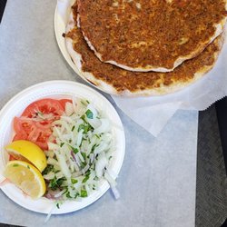 Pasha Kebob and Grill - Lamachan Ancient Turkish Pie (3 pieces). Super thin crust with minced lamb, beef and spices. Add lemon, tomato, chopped onion & enjoy.