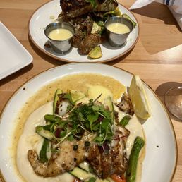 Perfectly Grilles halibut, potatoes, veg with 2 sauces on the side. Snapper cauliflower mash, veg and beurre blanc caper sauce. Perfectly Grilles halibut, potatoes, veg with 2 sauces on the side. Snapper cauliflower mash, veg and beurre blanc caper sauce.