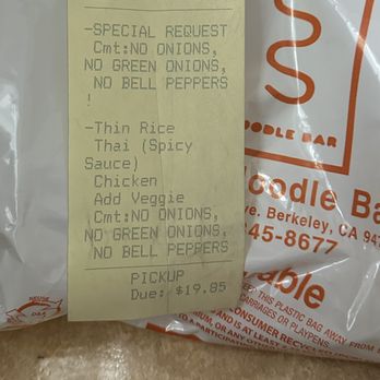 Toss Noodle Bar - My receipt - $20 to have a wire in my food... - Asian Fusion Near Me - Berkeley, California