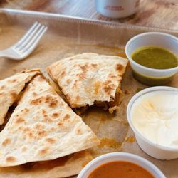 Pollo quesadilla. Freshly made and lots of protein. Very good! Sauces were yummy too (medium wasn't very hot)