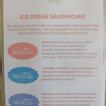 Miette - Ice cream sandwich menu. All $5. Sat afternoon 2018-06-16 - Bakeries Near Me - San Francisco, California Miette - Ice cream sandwich menu. All $5. Sat afternoon 2018-06-16 - Bakeries Near Me - San Francisco, California