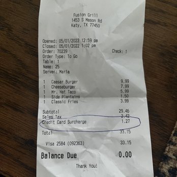 Fusion Grill & Bar - And on top of that they wanna charge you $1.25 service fee charge for coming into their establishment I don't think so. - Burgers Near Me - Katy, Texas Fusion Grill & Bar - And on top of that they wanna charge you $1.25 service fee charge for coming into their establishment I don't think so. - Burgers Near Me - Katy, Texas