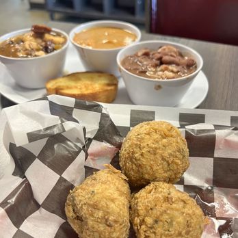 Cafe Rian Cajun Cafe - Sampler of the étouffée, gumbo,, and red beans and rice plus Boudin - Cajun/Creole Near Me - Houston, Texas
