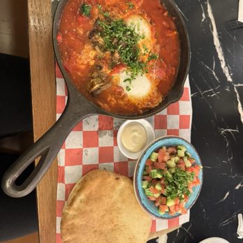 Cafe Landwer - Mediterranean shakshuka no cheese. Roasted eggplant is nice - Mediterranean Near Me - Boston, Massachusetts