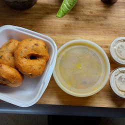 India Mart - South Indian breakfast. Vada with Sambar dal and a supper yummy coconut chutney.