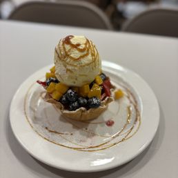 Fruit Basket with Custard, fruits, caramel Fruit Basket with Custard, fruits, caramel