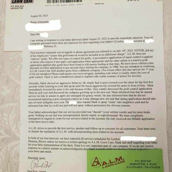 ALM Lawn Care - My intention in sharing this is to demonstrate the character of the owner in response to my concern in the original letter. - Lawn Services Near Me - Elwood, Illinois ALM Lawn Care - My intention in sharing this is to demonstrate the character of the owner in response to my concern in the original letter. - Lawn Services Near Me - Elwood, Illinois