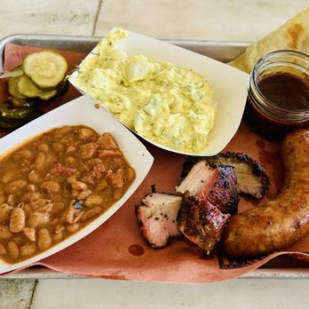 Fox and Pearl - Pork belly, jalapeño cheddar sausage, beans and potato salad. - New American Near Me - Kansas City, Missouri