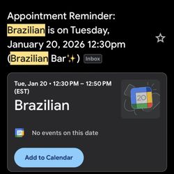 Brazilian Bar Wax Center - Appointment confirmation email Timestamp for appointment on January 20th, 12:30pm