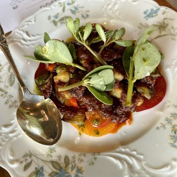 Hiyu Wine Farm - Tomato and eggplant with 'nduja and purslane - Wine Tasting Room Near Me - Hood River, Oregon Hiyu Wine Farm - Tomato and eggplant with 'nduja and purslane - Wine Tasting Room Near Me - Hood River, Oregon