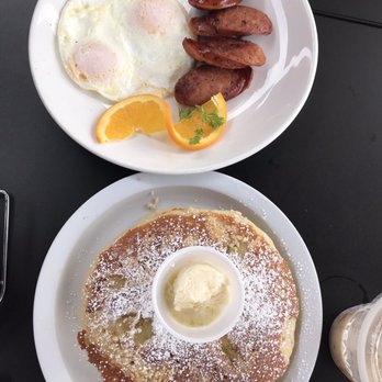 Stacks Pancake House - Portuguese sausage + 2 over medium eggs  Macadamia banana nut pancakes - Breakfast & Brunch Near Me - Irvine, California