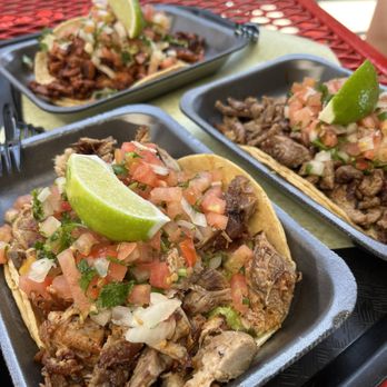 Cali Tacos - Clockwise from the front: West Coast carnitas, adobada and carne asada tacos - Mexican Near Me - Orange, California